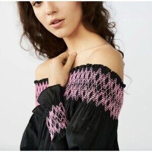 Maje LaFour Embroidered Top Sz 1 Small $225 Smocked Peasant Blouse Off Shoulder